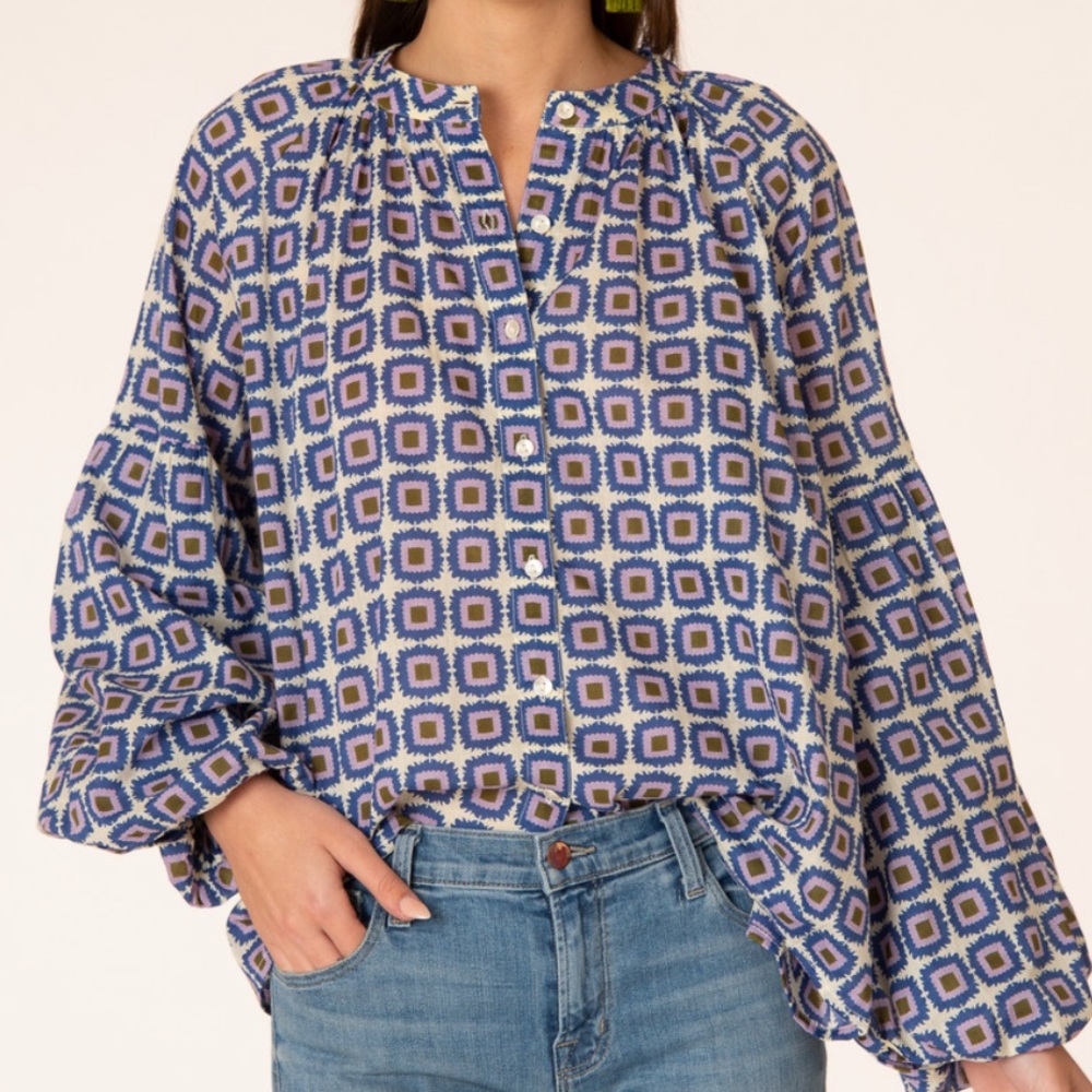 Olivia James The Label Blue Long Sleeve Geometric Peasant Blouse